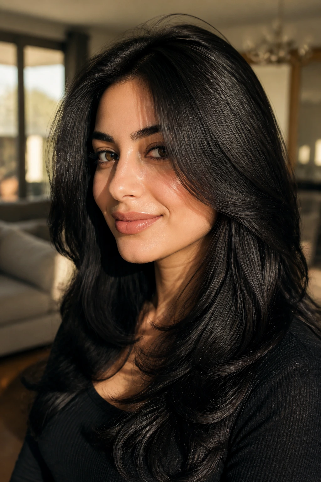 Close-up portrait of thick dark hair with crown volume in a warm living room