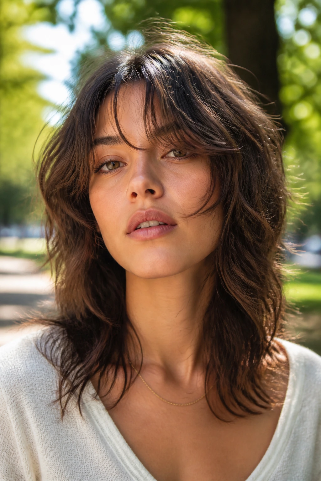 Portrait of a real woman with thick wavy de-bulked shag and curtain fringe in park light