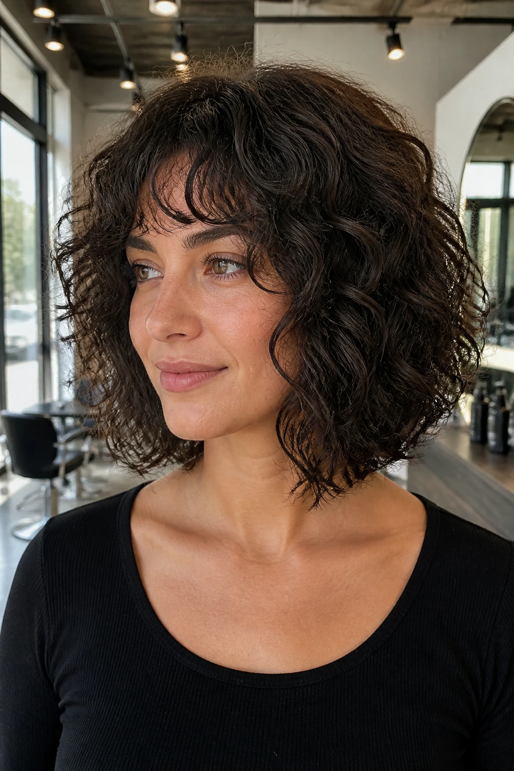 Close-up of a real woman showing a Thick-Hair Debulking Bob with reduced bulk.
