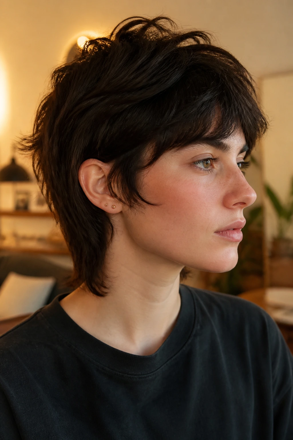 Close-up portrait of a real person with thick hair mullet showing internal layers and tapered nape