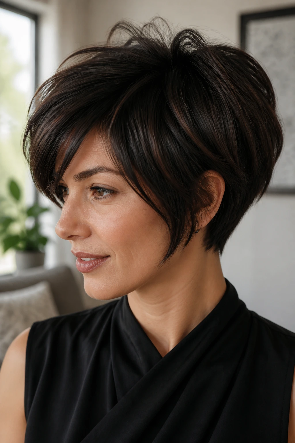 Thick hair debulk pixie bob portrait with smooth silhouette