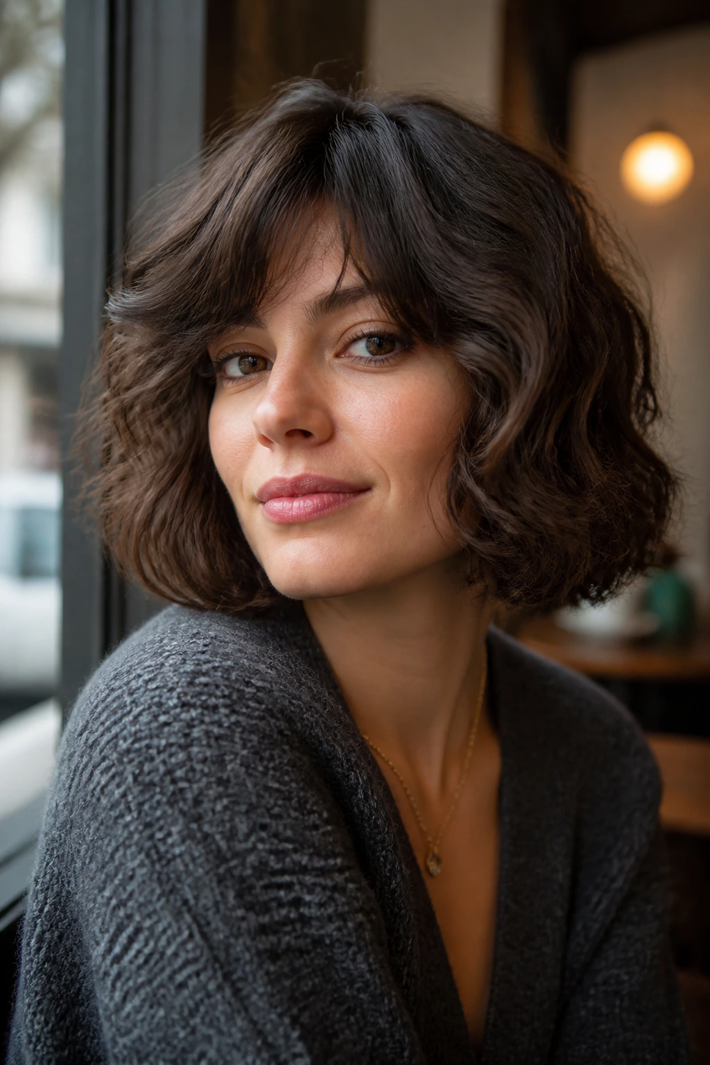 Close-up portrait of a real woman with a thick-hair debulked bob in a cafe setting.