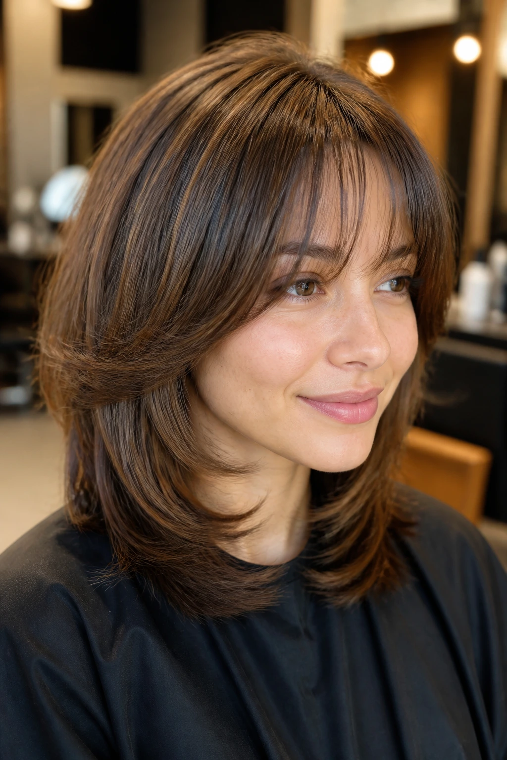 Close-up portrait of a real person with Thick-Hair Debulked Butterfly in a salon chair