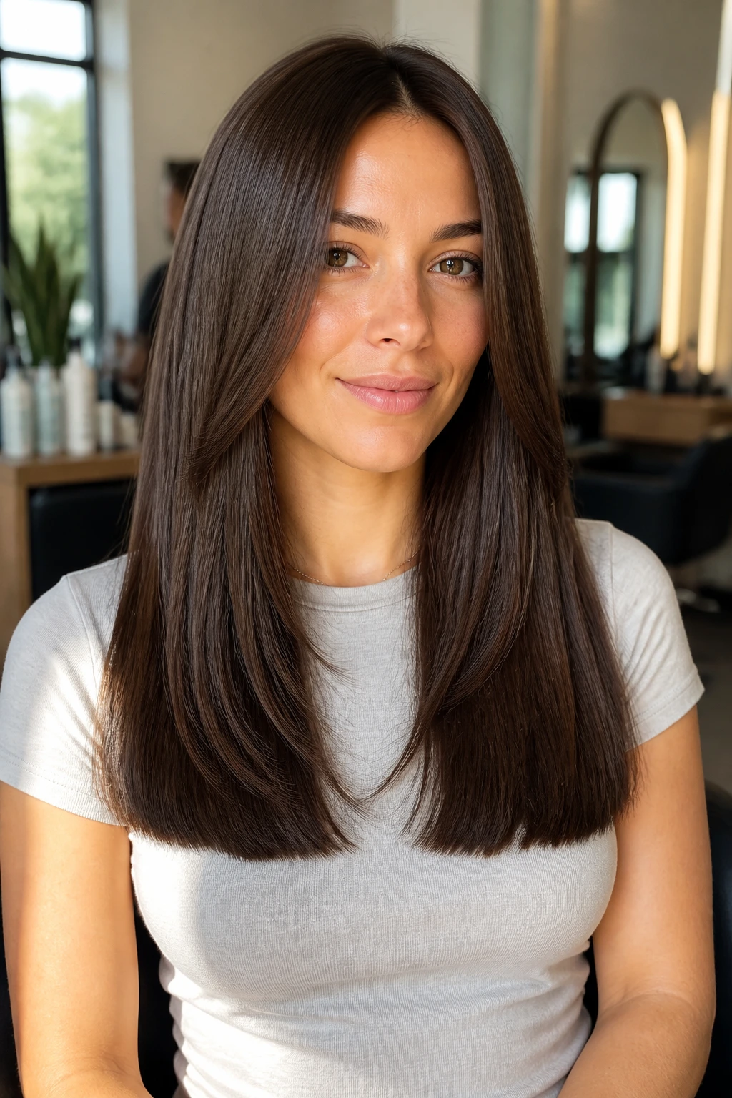 Close-up of a real woman with thick straight hair showing debulked layers and a blunt hem in a salon setting