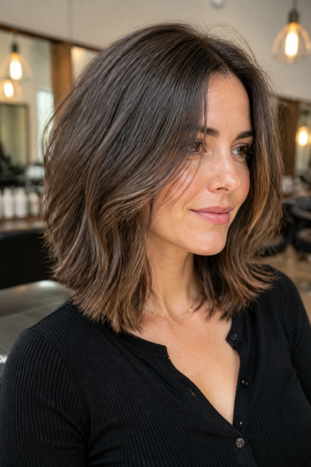 Real woman with Thick-Hair De-Bulked Lob demonstrating internal weight removal and full perimeter