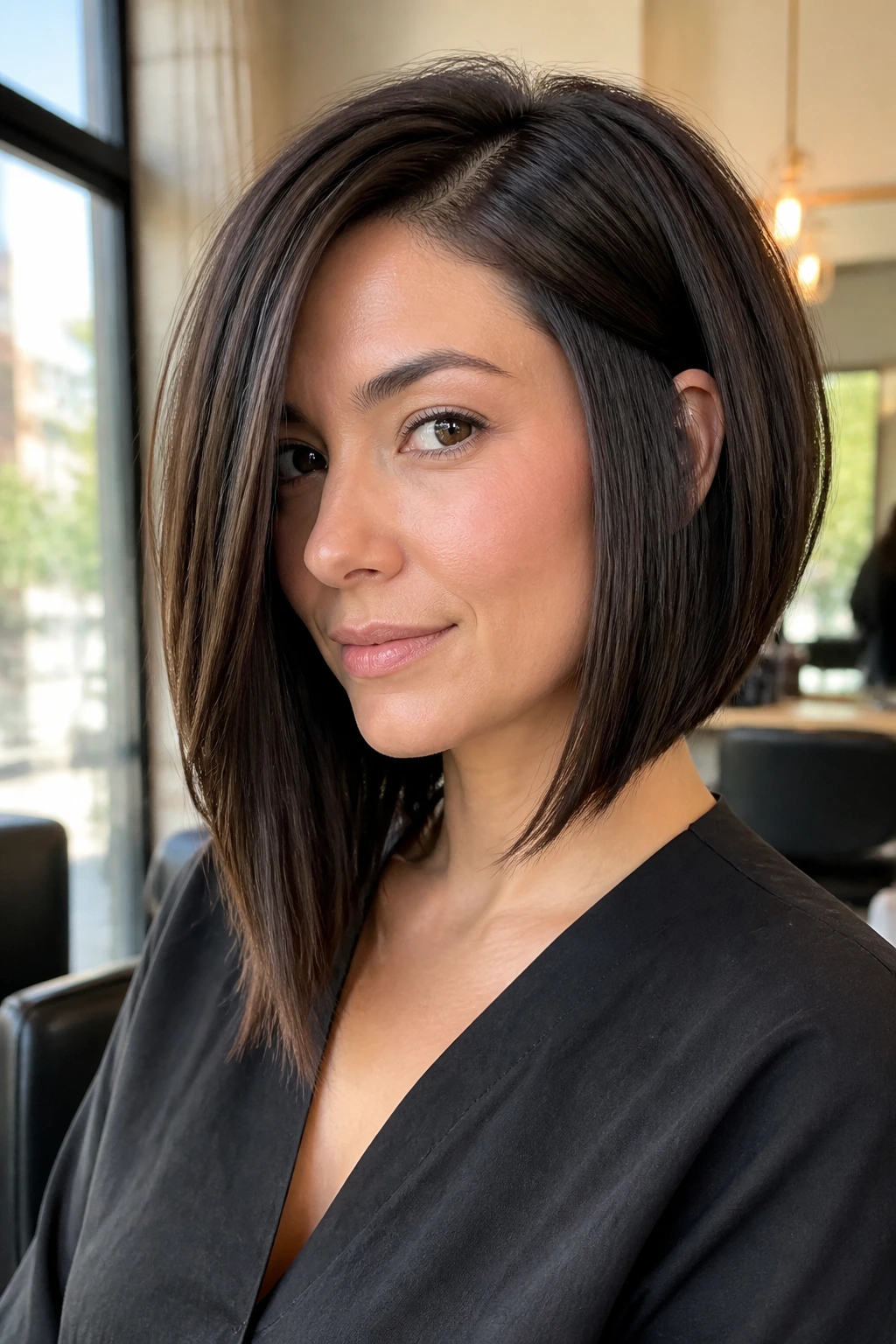 Portrait of a real person with a debulked thick-hair asymmetrical lob showing lifted short side and smooth long side.