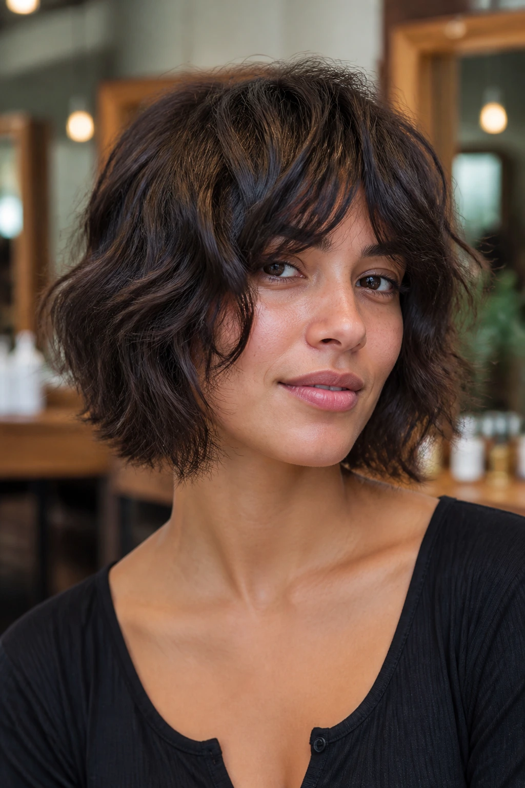 Close-up of real person with thick-hair debulked shag bob in salon
