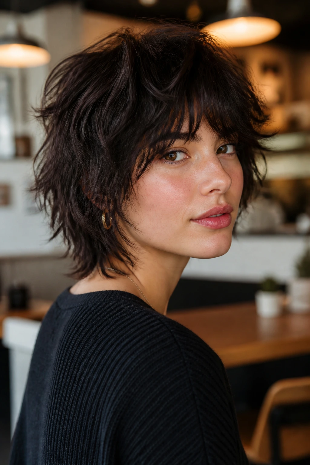 Portrait of a real person with thick-textured shag showing interior debulking in cafe lighting.