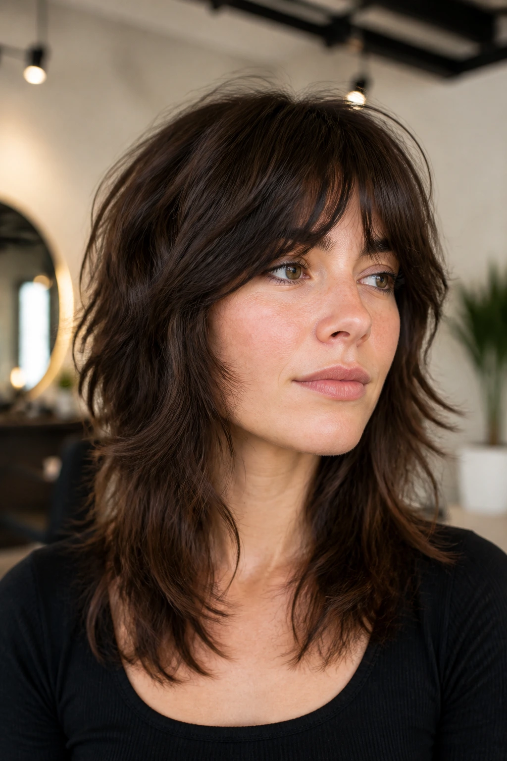 Close-up portrait of a real woman with thick hair debulked shag showing interior weight removal.