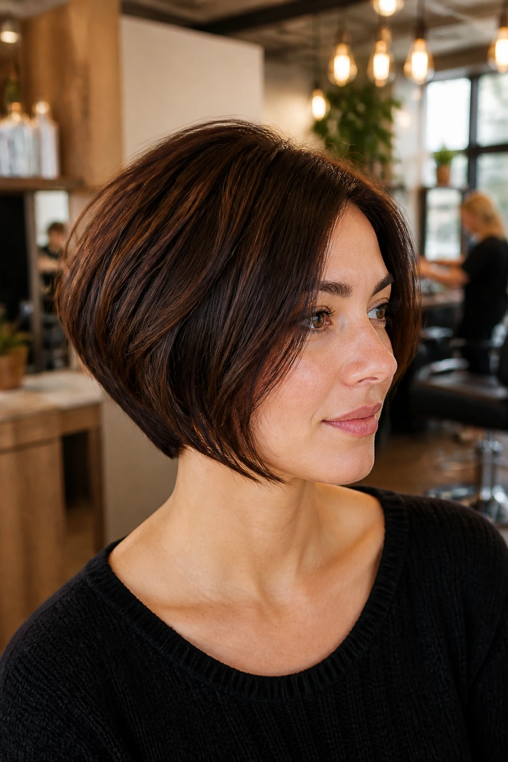 Real woman with thick-hair weight-removed stacked bob close-up in salon