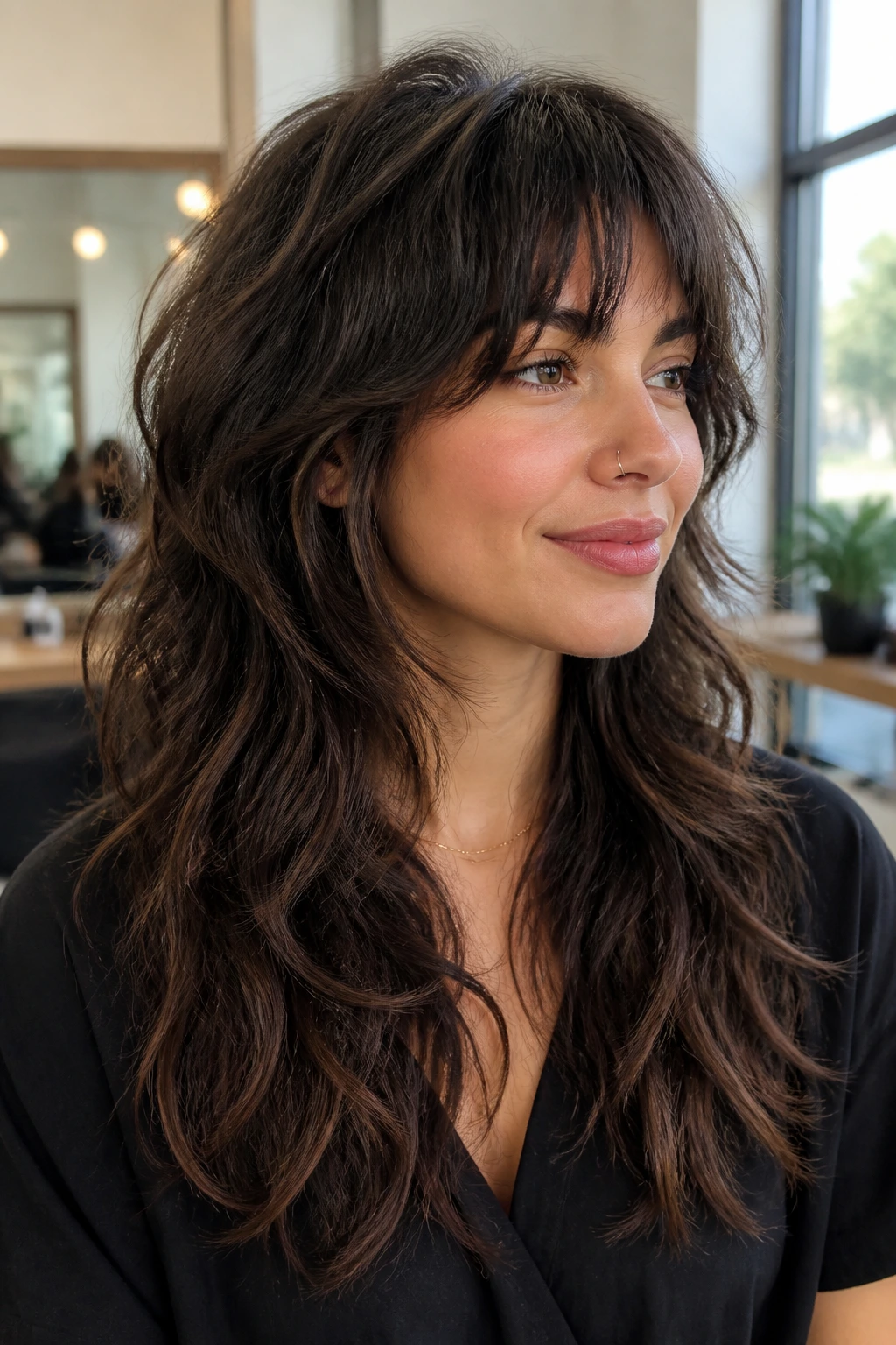 Close-up portrait of a real woman with Thick-Hair Debulked Wolf Shag in a bright salon