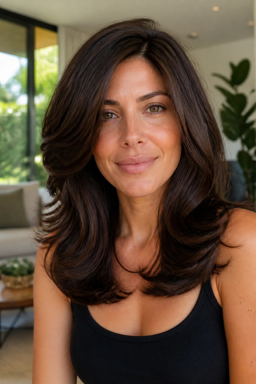 Close-up of thick hair with debulking layers on a real woman