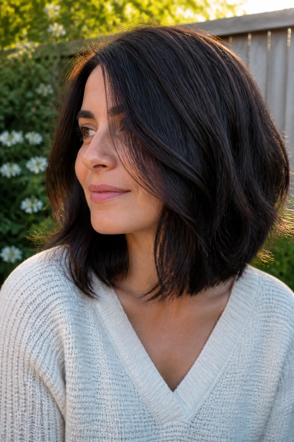 Portrait of a woman with thick hair debulking lob featuring interior layers and softened ends in outdoor light.