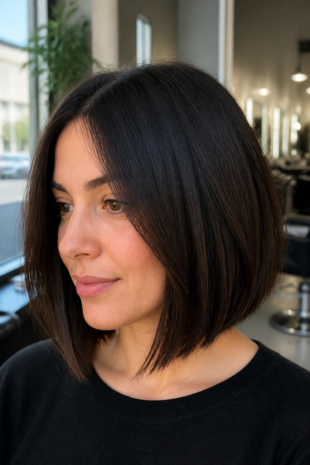 Close-up of a real person with thick-hair debulked lob under soft salon daylight