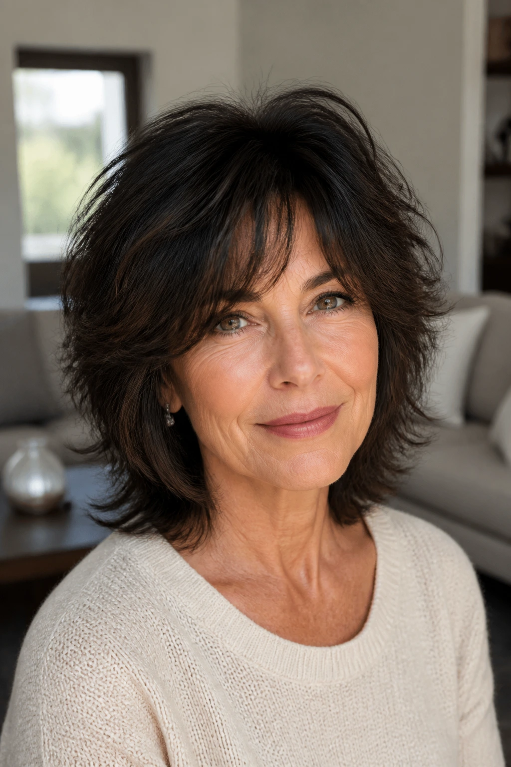 Close-up portrait of a real woman with thick-hair debulking shag, reduced bulk and lifted crown