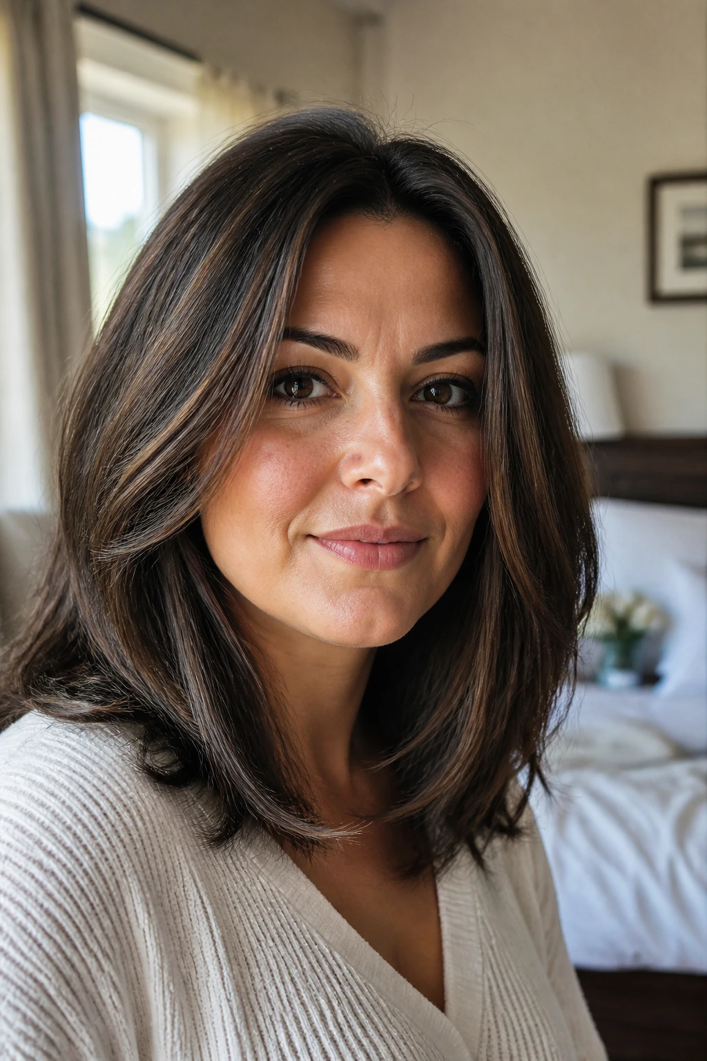 Close-up of a real woman with shoulder-length thick hair styled for easy wear