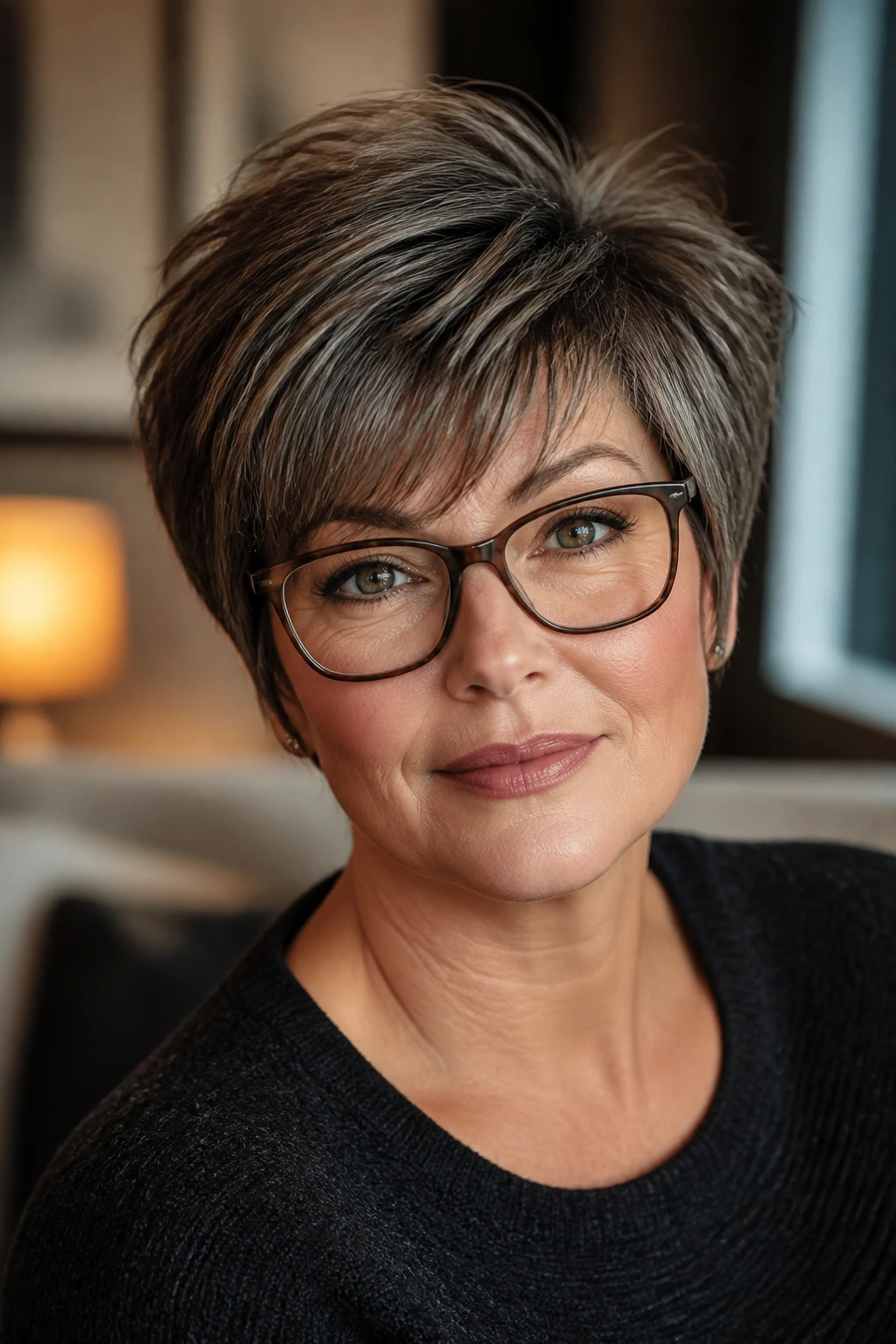 Close-up portrait of a woman with thick hair and glasses in a warm indoor setting
