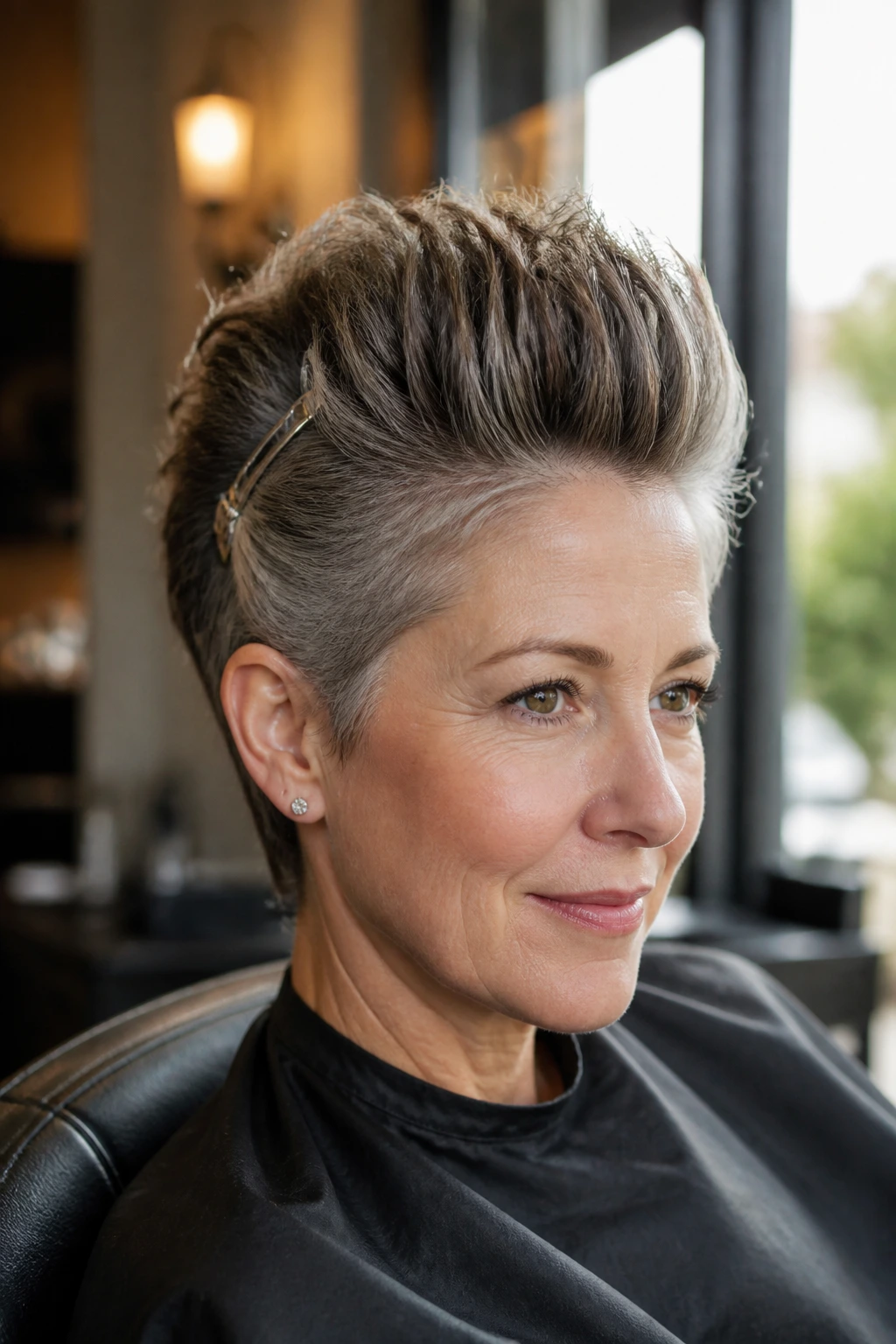 Close-up of a real woman with a thick-hair faux hawk in a warm, stylish salon setting.