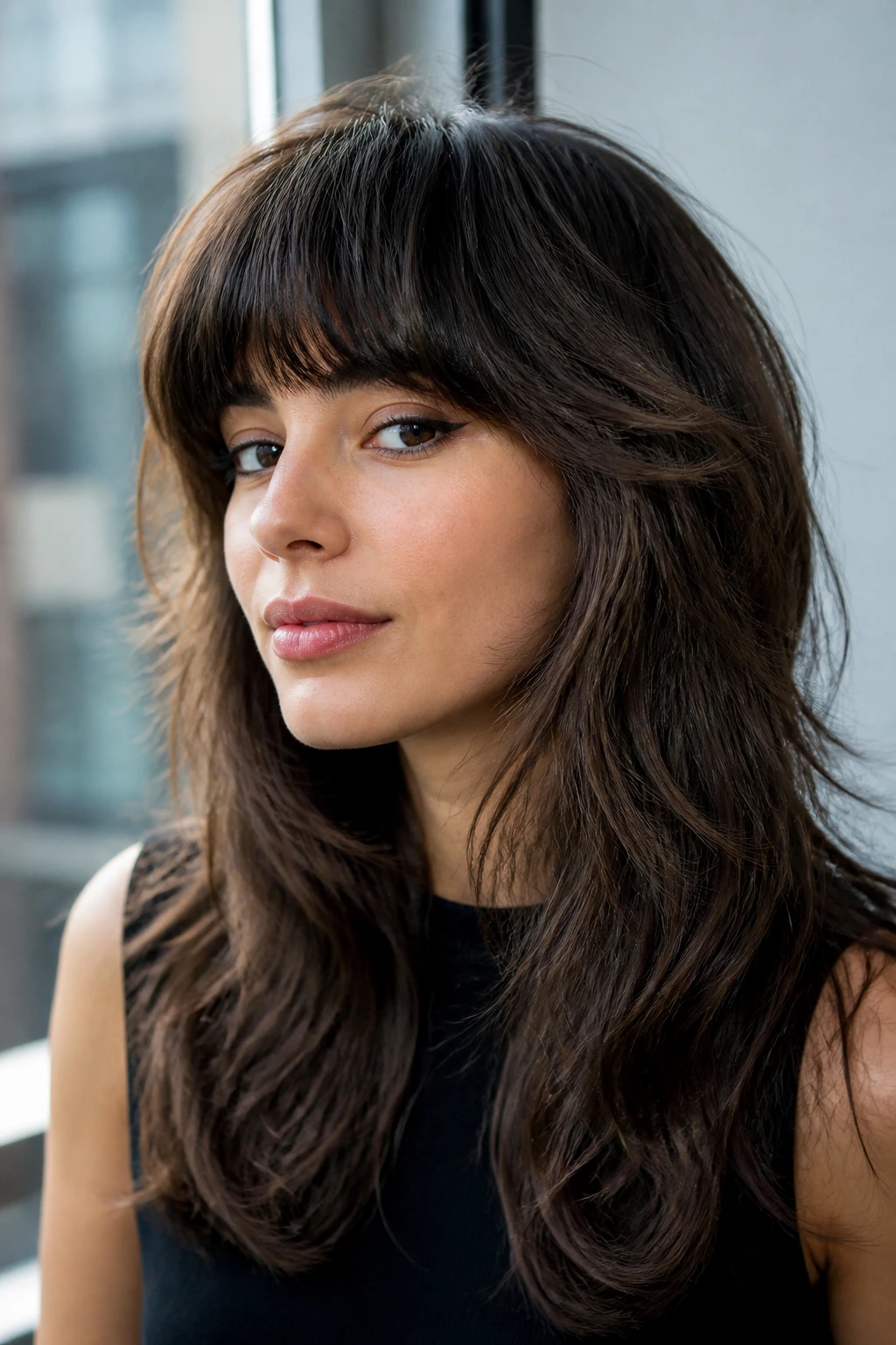 Portrait of a person with thick hair and heavy bangs with feathered layers