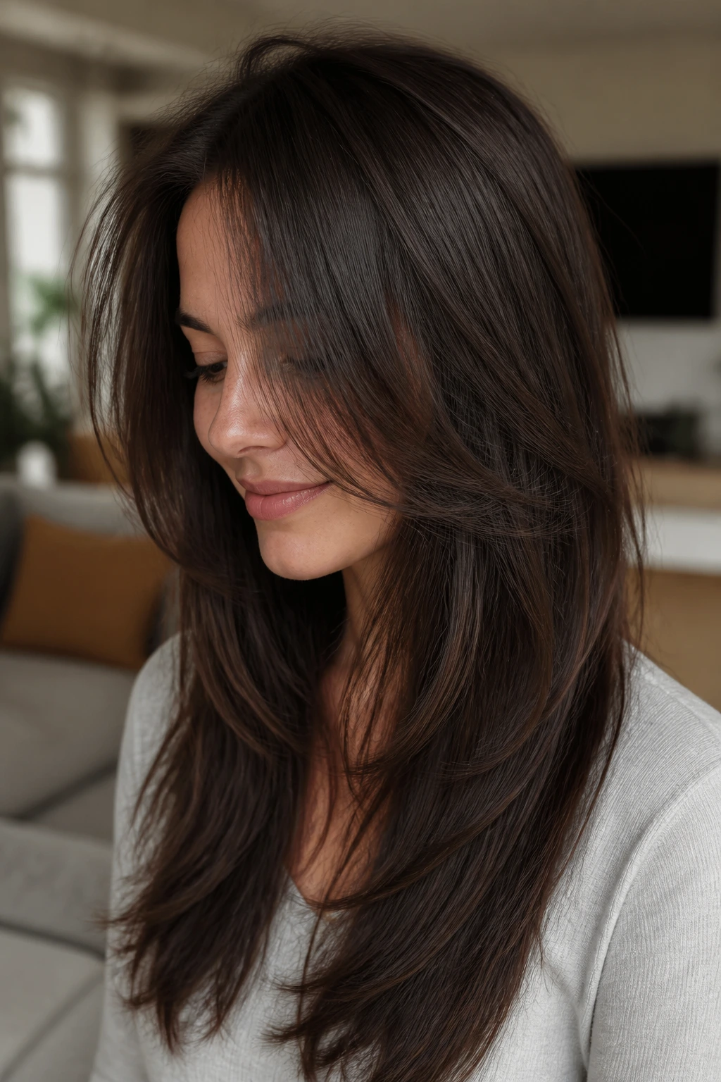 Close-up of a real woman with thick hair showing internal layers.