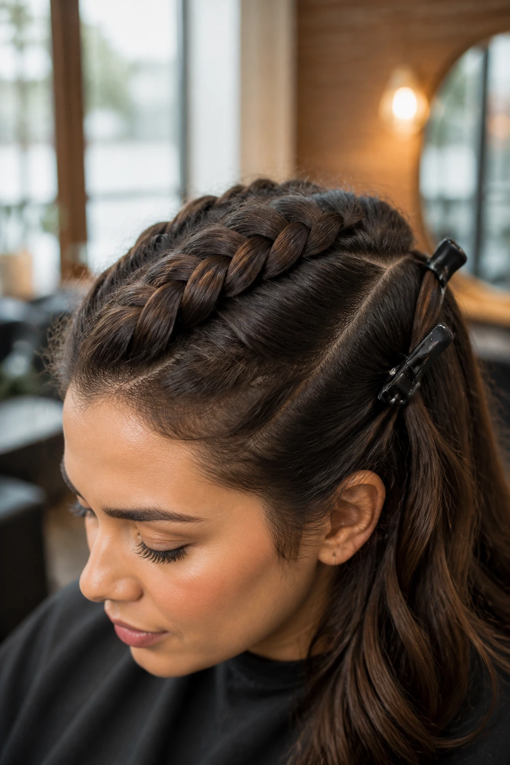 Close-up of real woman with thick, full French braid at crown