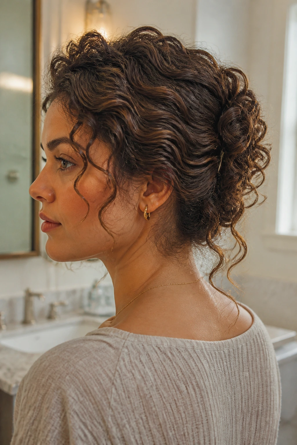Close-up of a real woman with thick long curls styled into a French twist