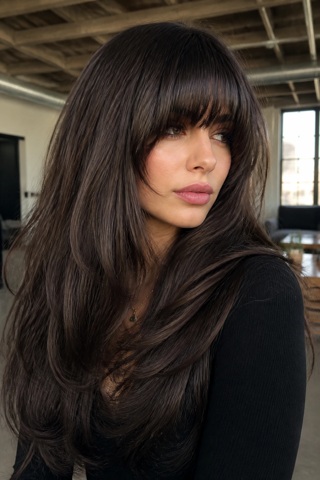 Close-up of a real woman with thick fringe butterfly cut in an urban loft with daylight