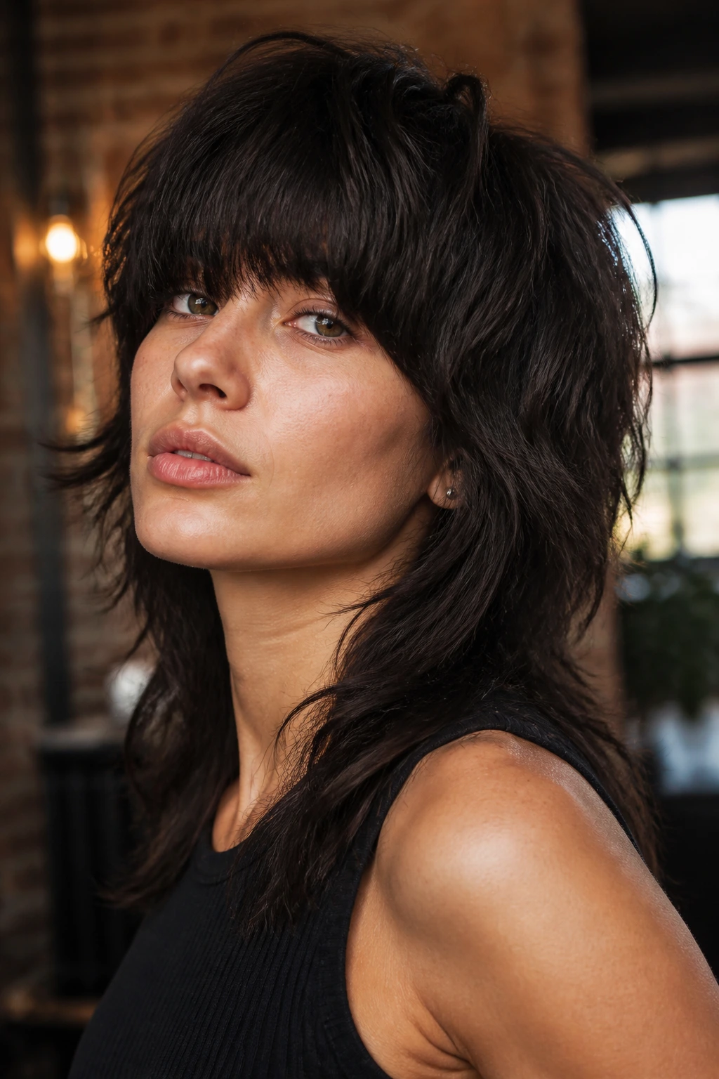 Close-up portrait of a real woman with heavy fringe and thick hair mullet in an urban loft