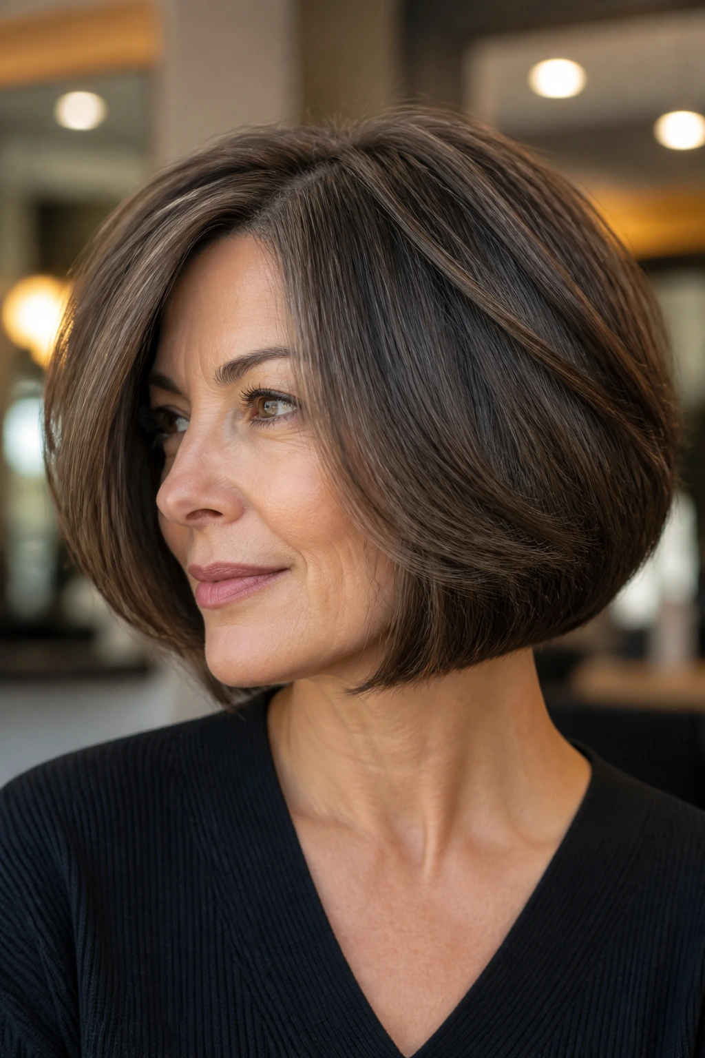 Close-up of a real person with a jaw-length bob demonstrating the geometry of thick hair
