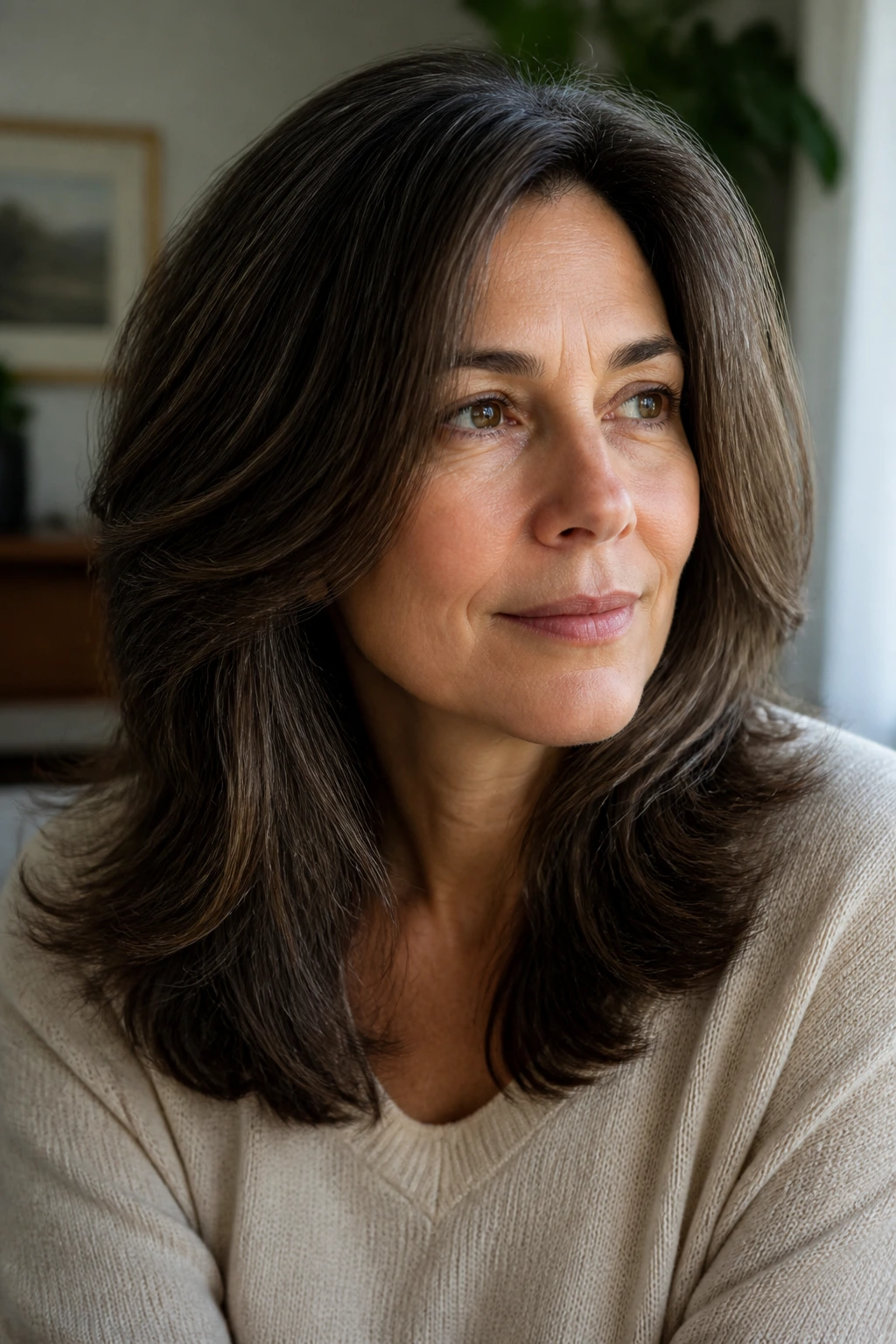 Close-up portrait of a real woman with a thick, well-shaped haircut reducing bulk.