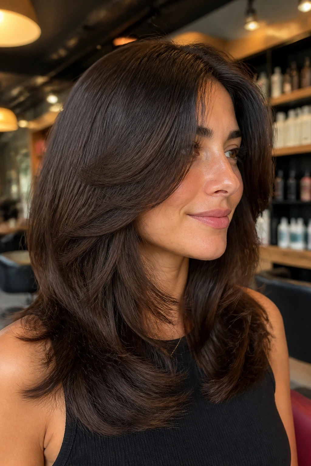 Close-up of a real woman with thick hair and heavy layered mid-length cut