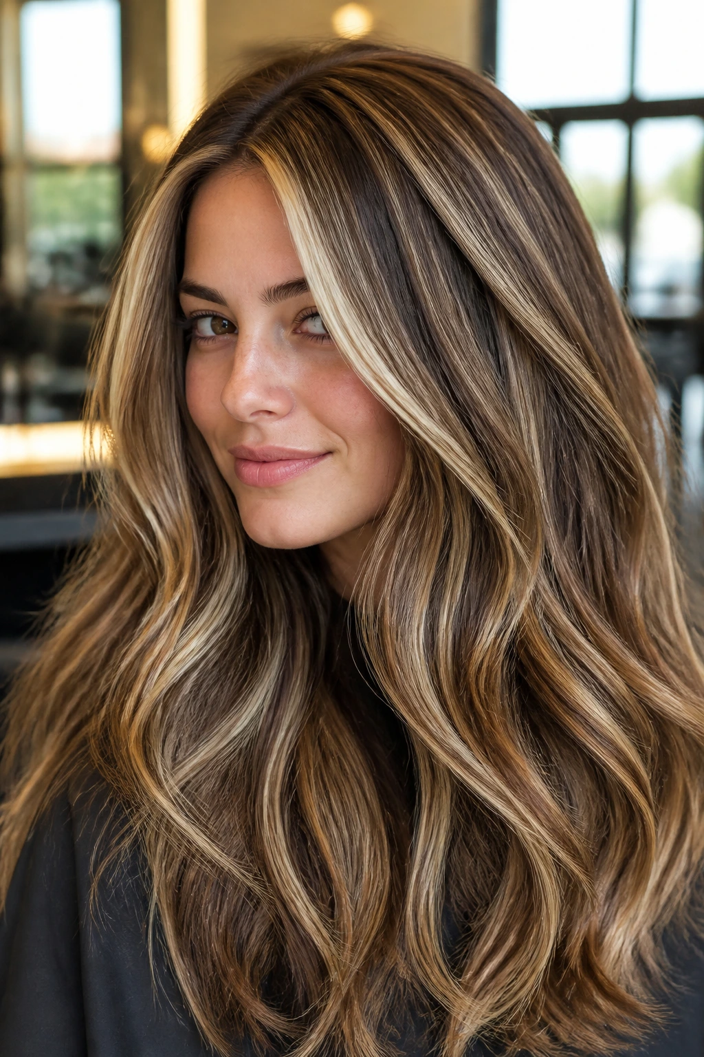 Close-up portrait of a thick-haired woman showing dimensional highlight ribbons in a salon setting
