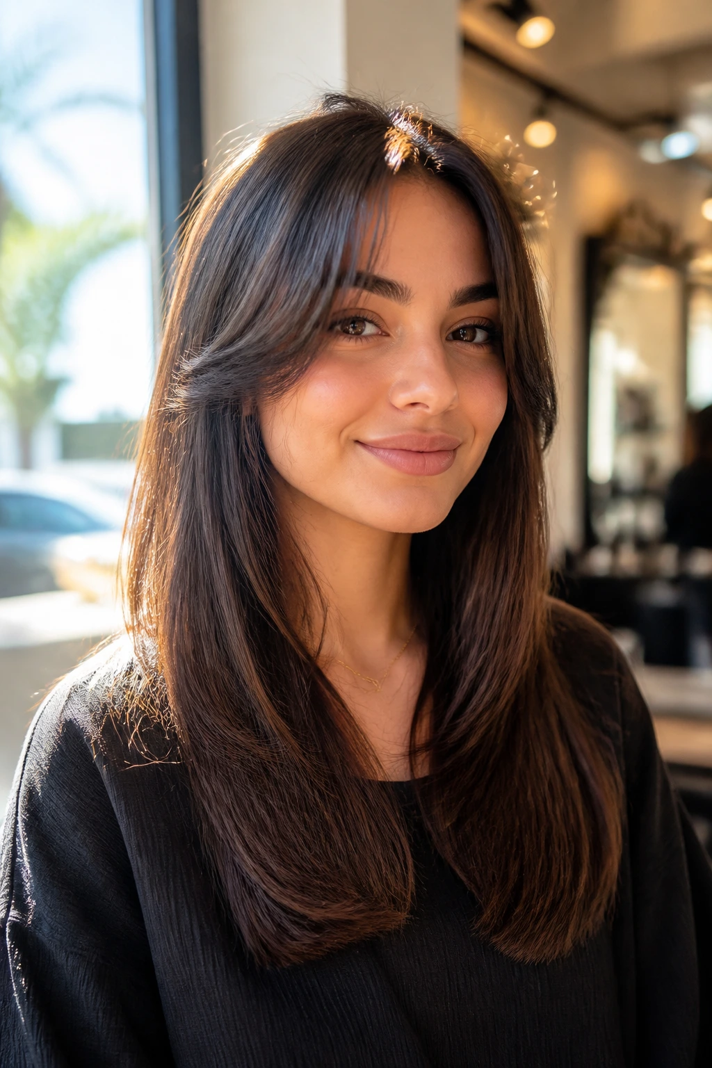 Close-up portrait of a real person with thick layered hair and curtain bangs