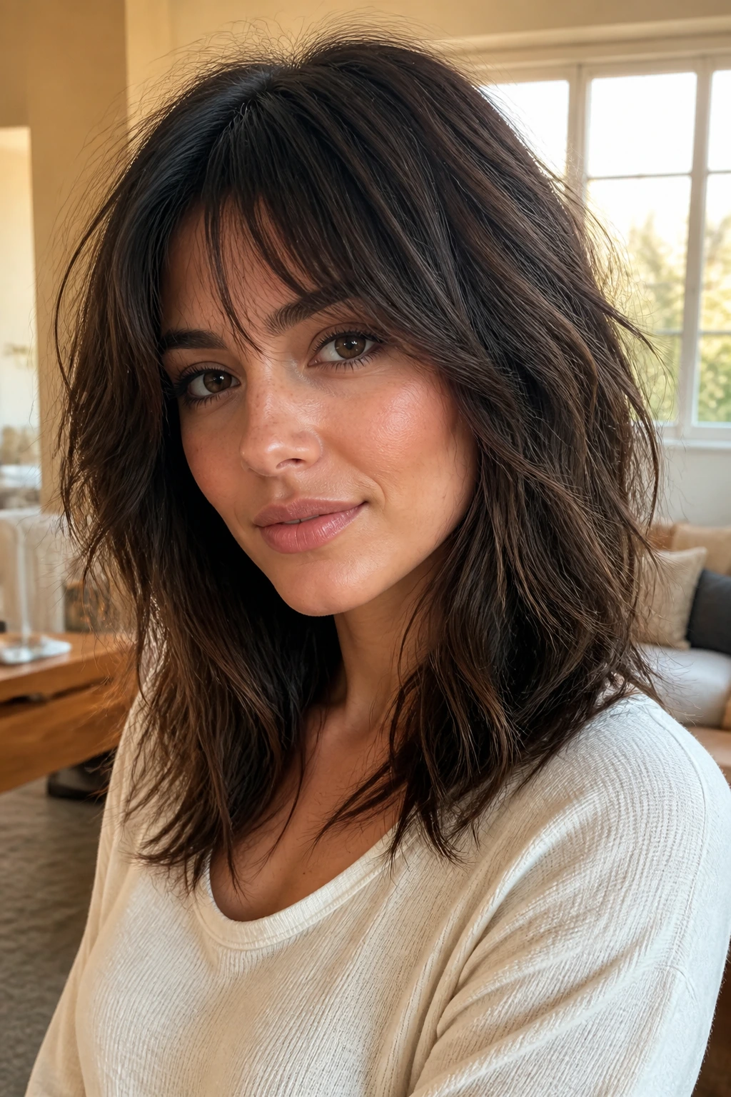 Medium close-up of a real person with thick hair and chunky layers showing reduced bulk
