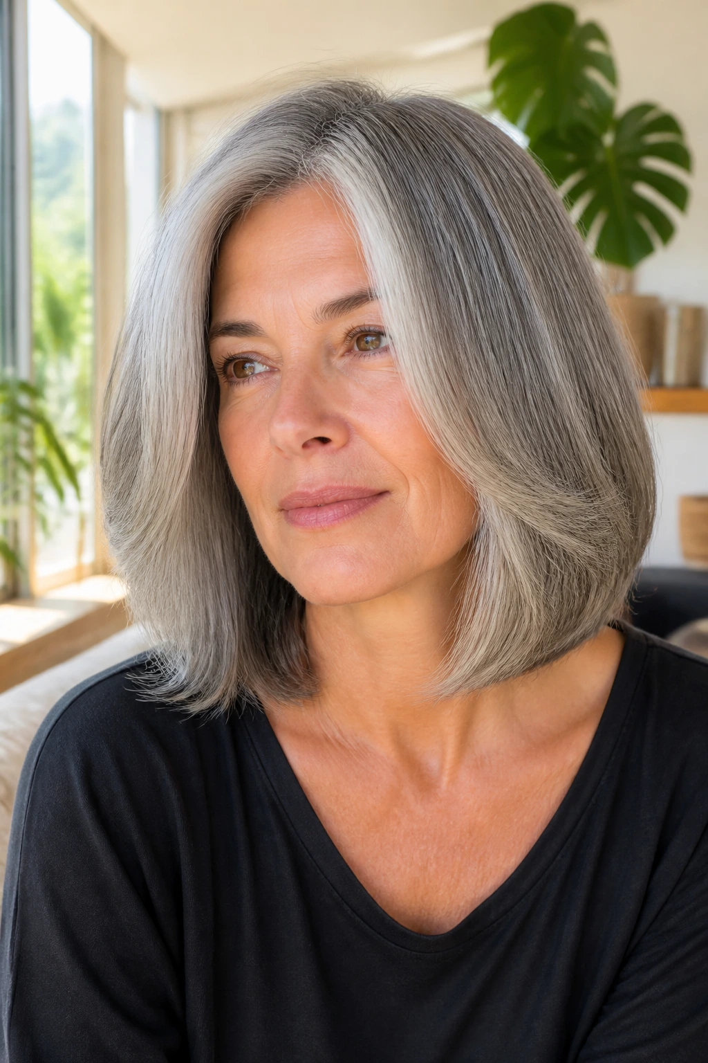 Close-up of a real woman with thick-hair layered gray lob