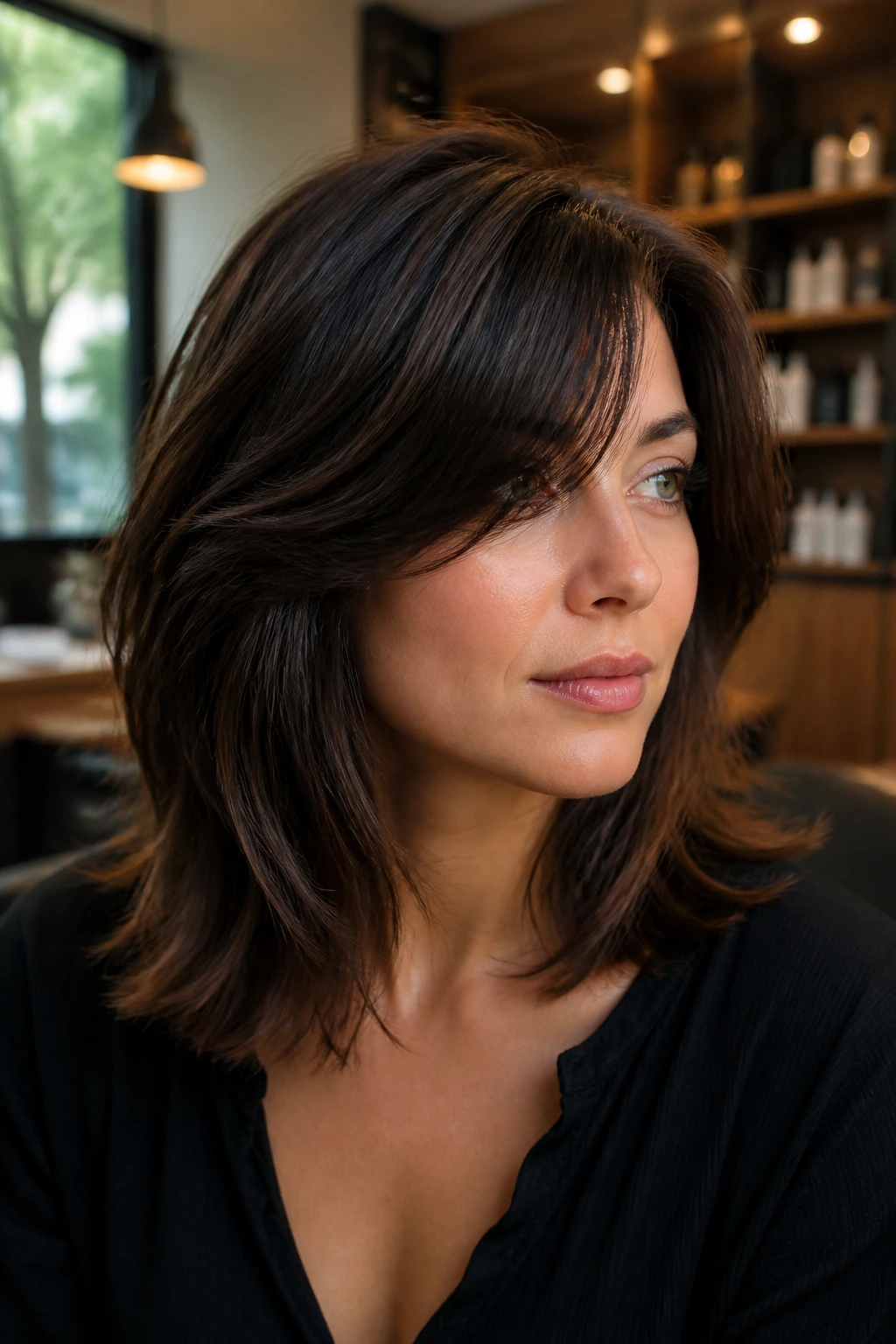 Close-up portrait of a real woman with thick layered mid-length hair and long side fringe in a salon.