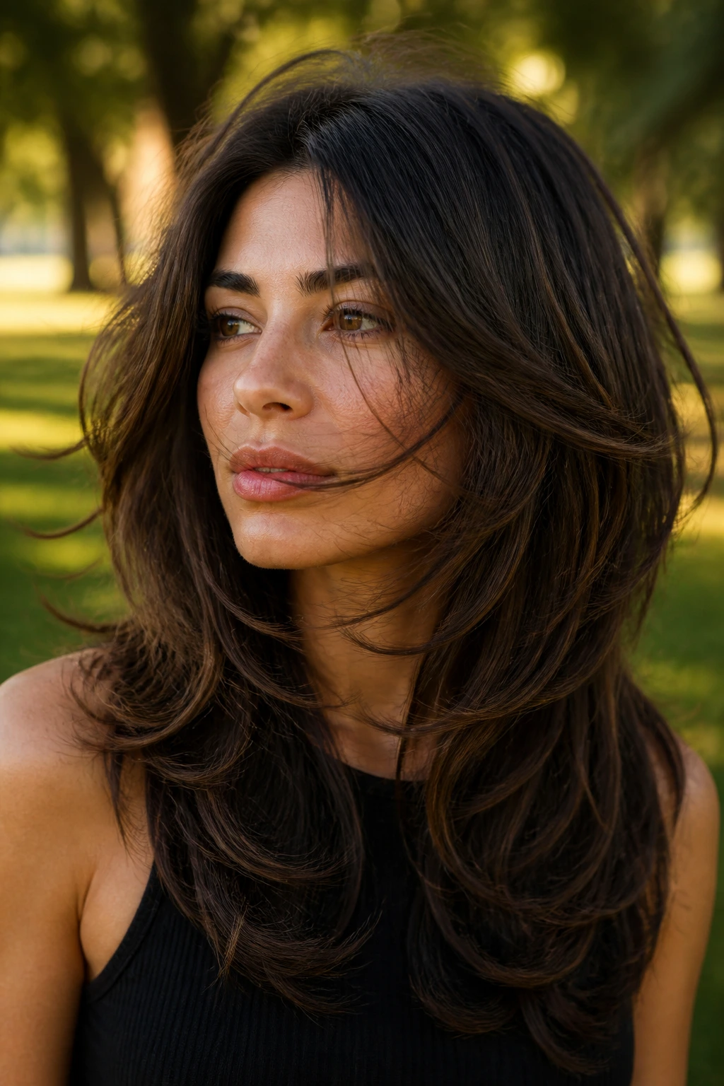 Portrait of a real woman with moving thick layered hair in golden hour light