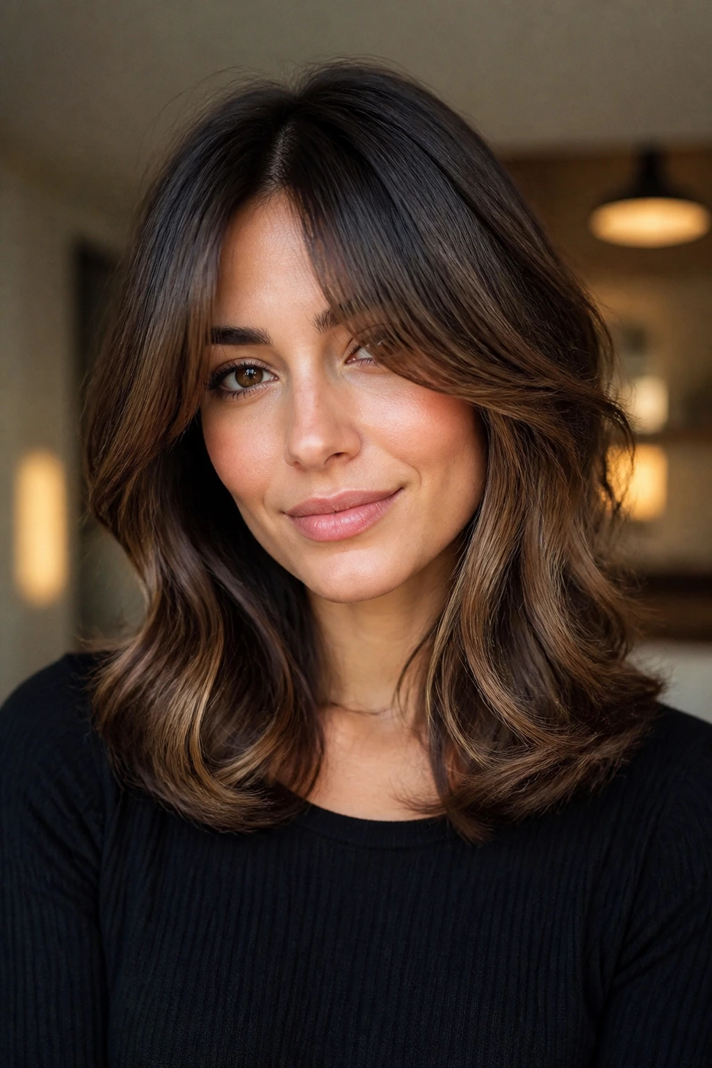 Close-up of thick-haired woman with internal layering and middle-part bangs in a warm room