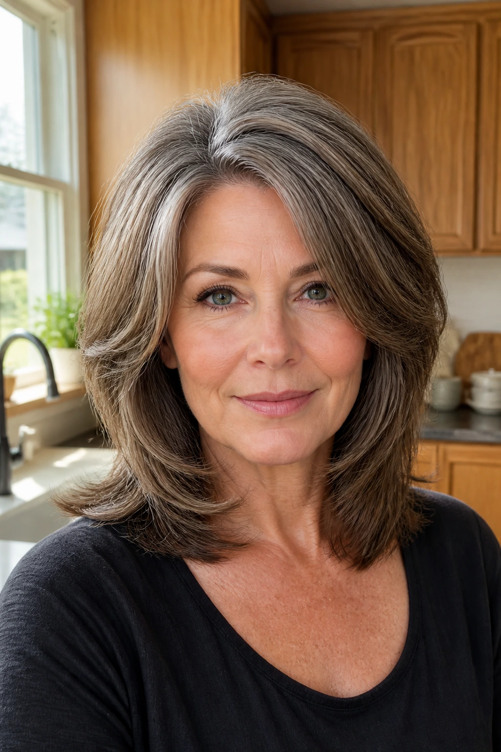 Close-up portrait of a real woman showing thick hair with weight-removing layers.