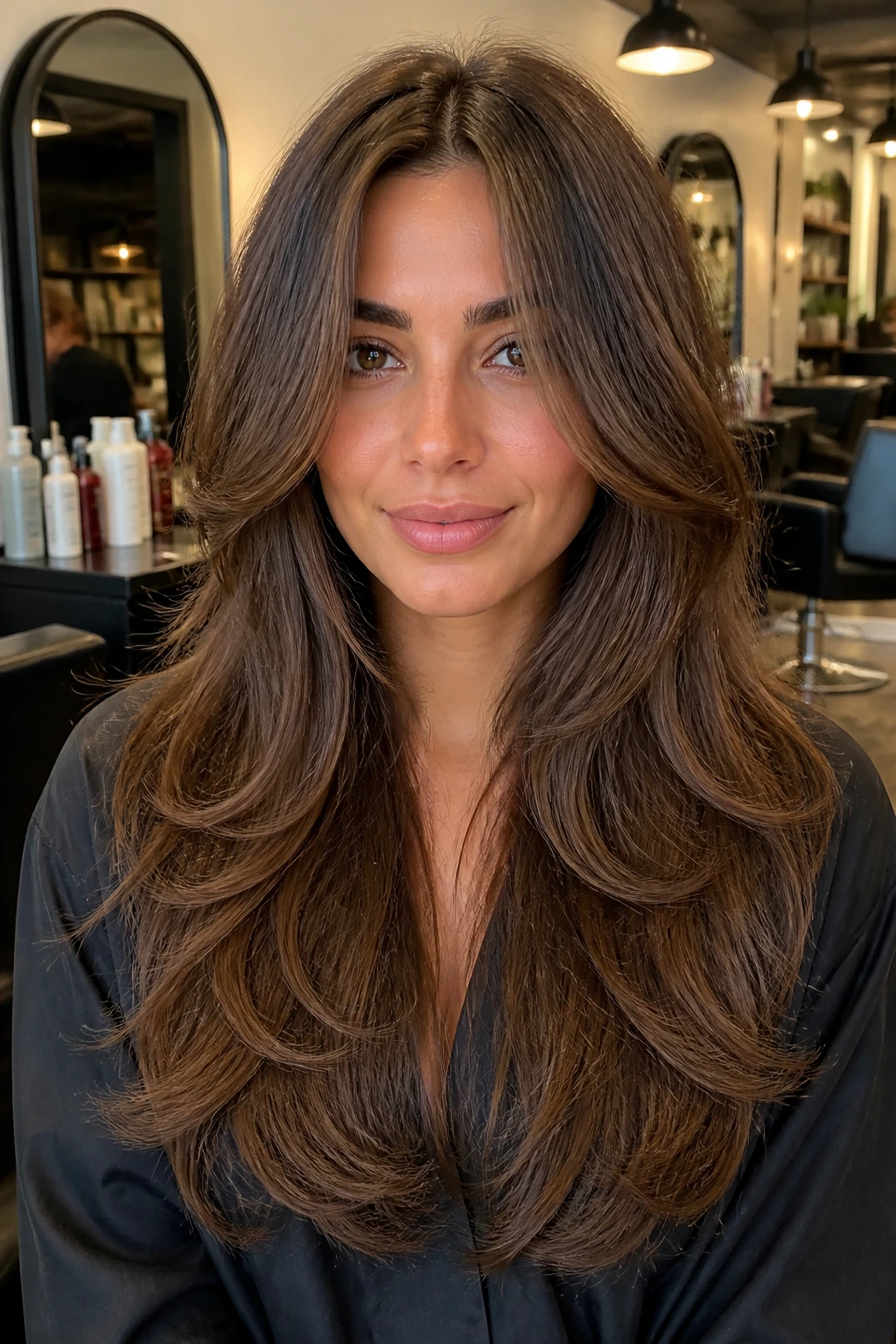 Medium close-up of a real woman with weight-split front layers around the face