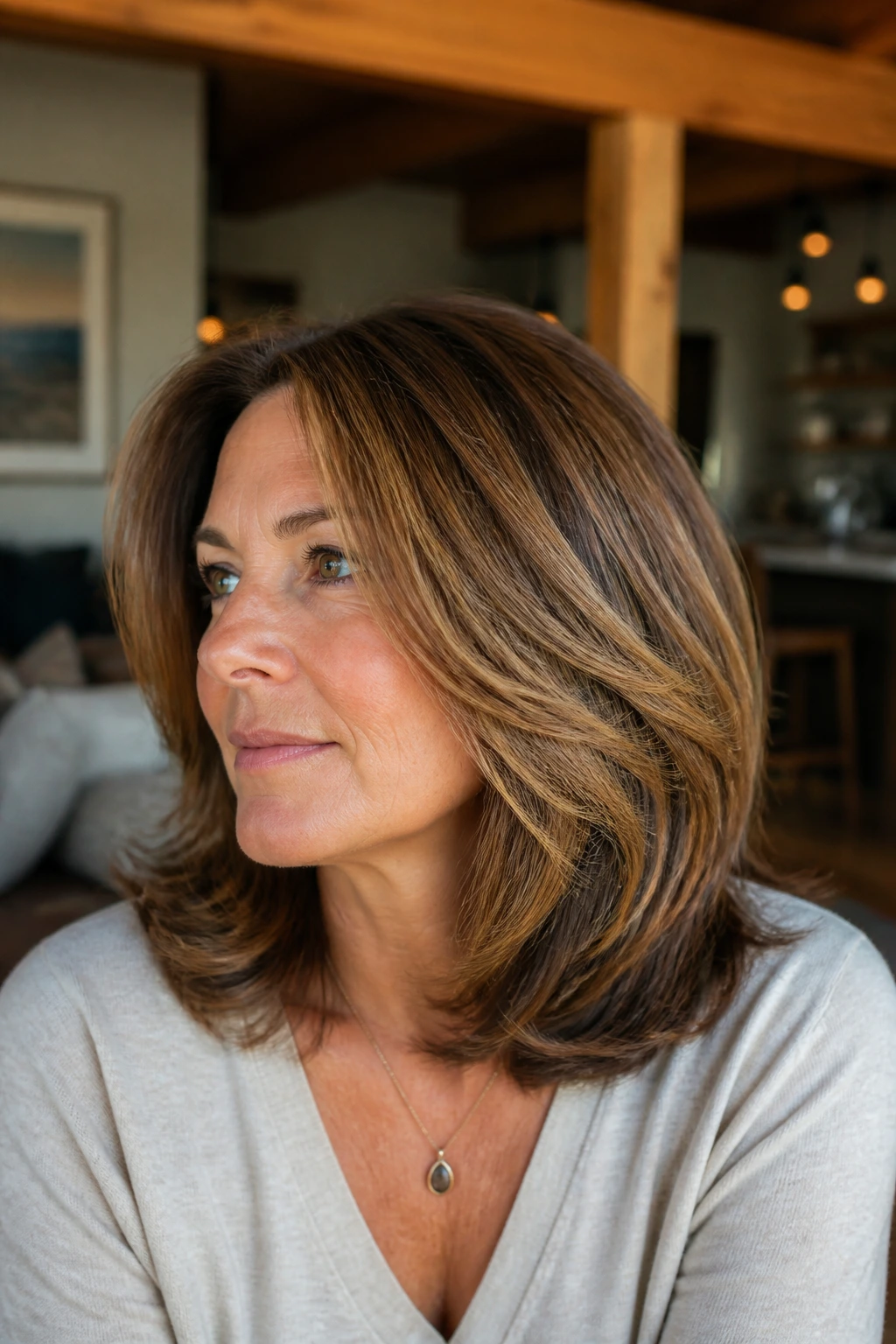 Real woman with thick shoulder-length hair and blended layers