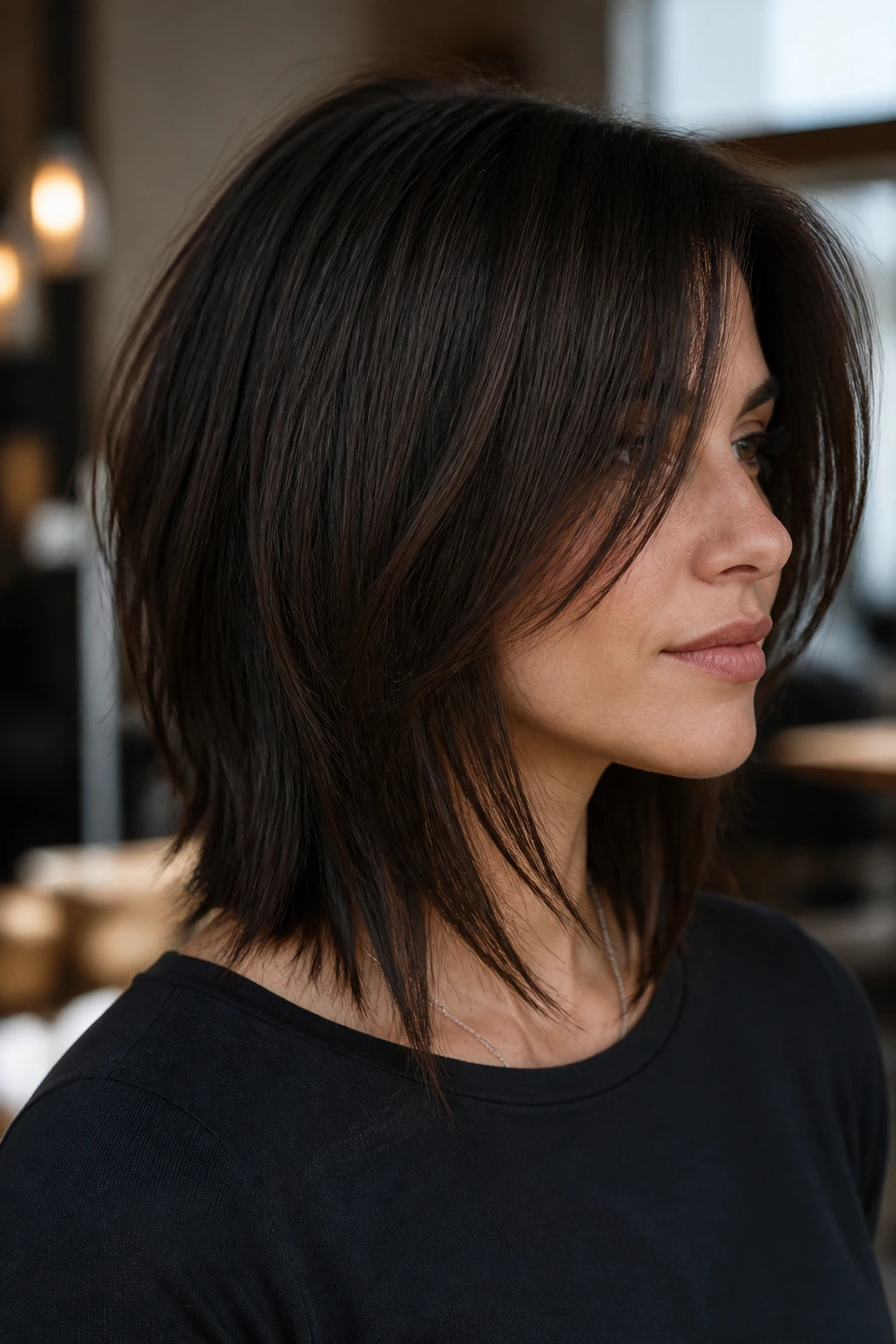 Close-up portrait of a woman with thick hair and disconnected layers in a salon