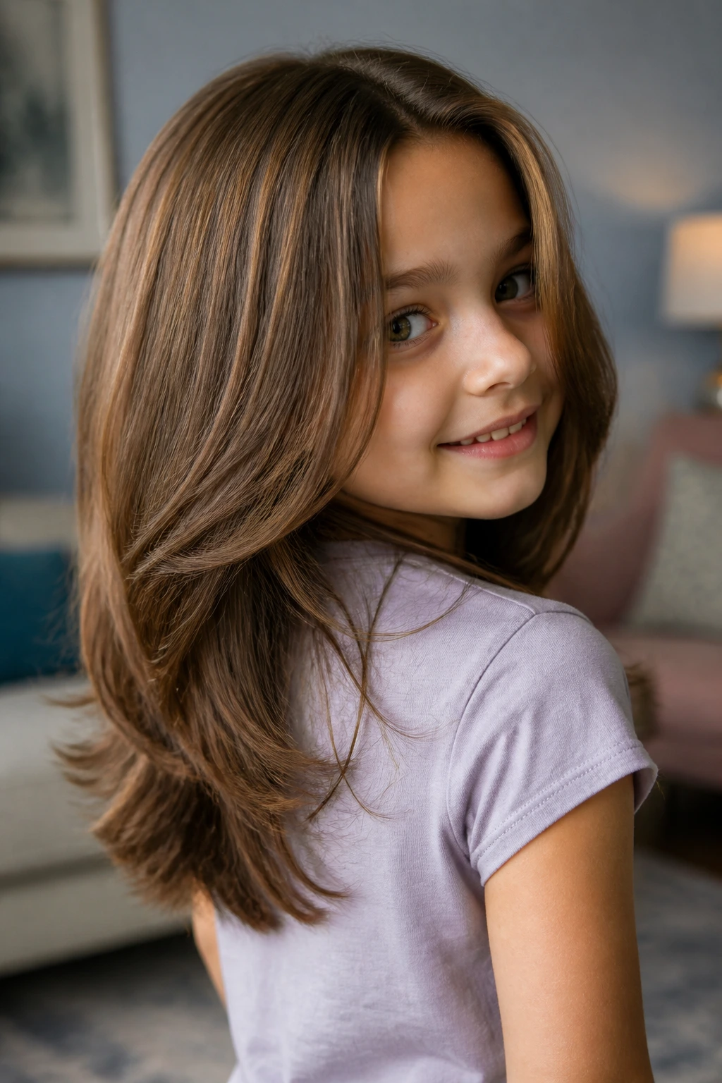 Close-up of a young girl with de-bulked thick-hair layers
