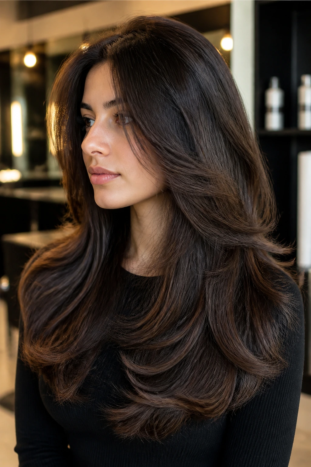 Real person with thick hair showing layered debulking for lift, close-up portrait.