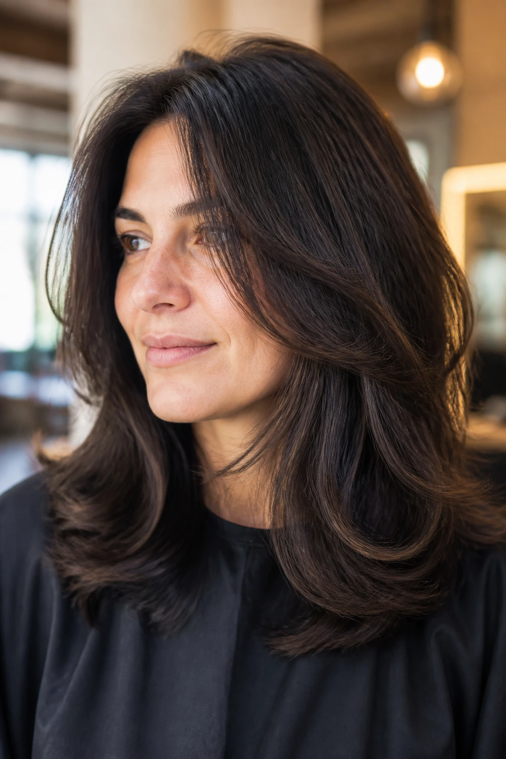 Close-up portrait of a real woman with heavy layered thick hair