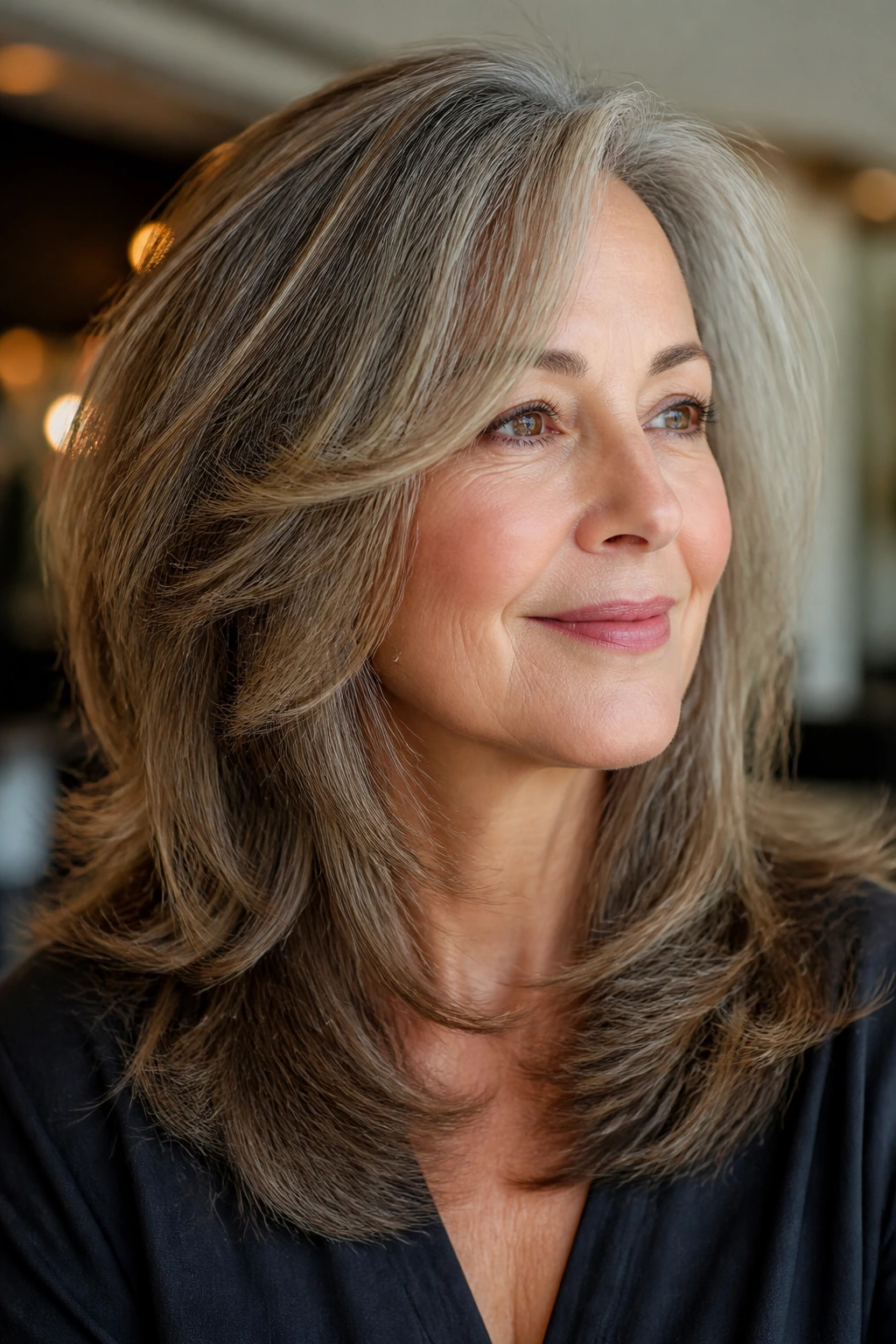 Close-up of a real woman with thick hair showing weight-removing layers and full outer silhouette