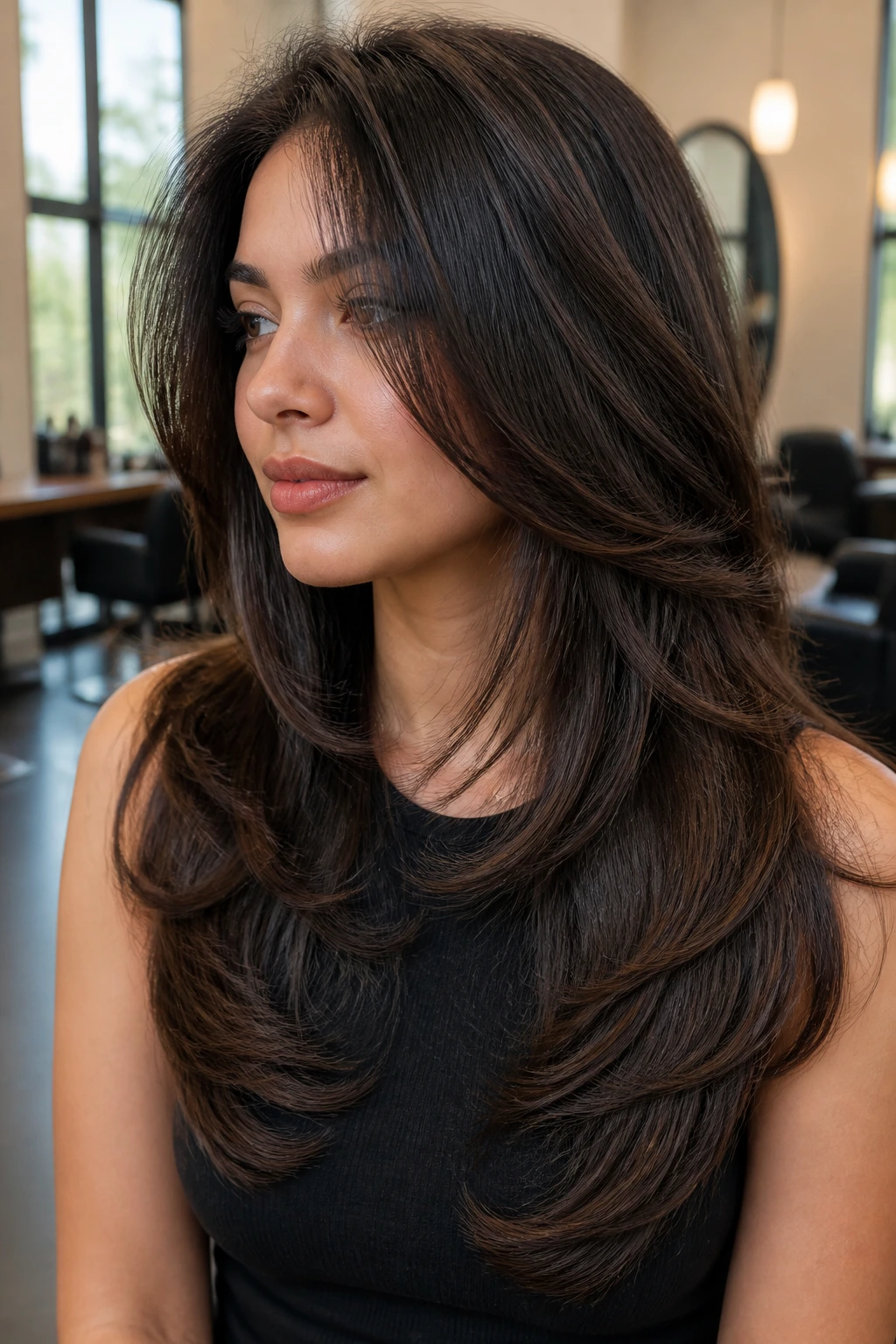 Real person with thick hair showing interior de-bulking layers.