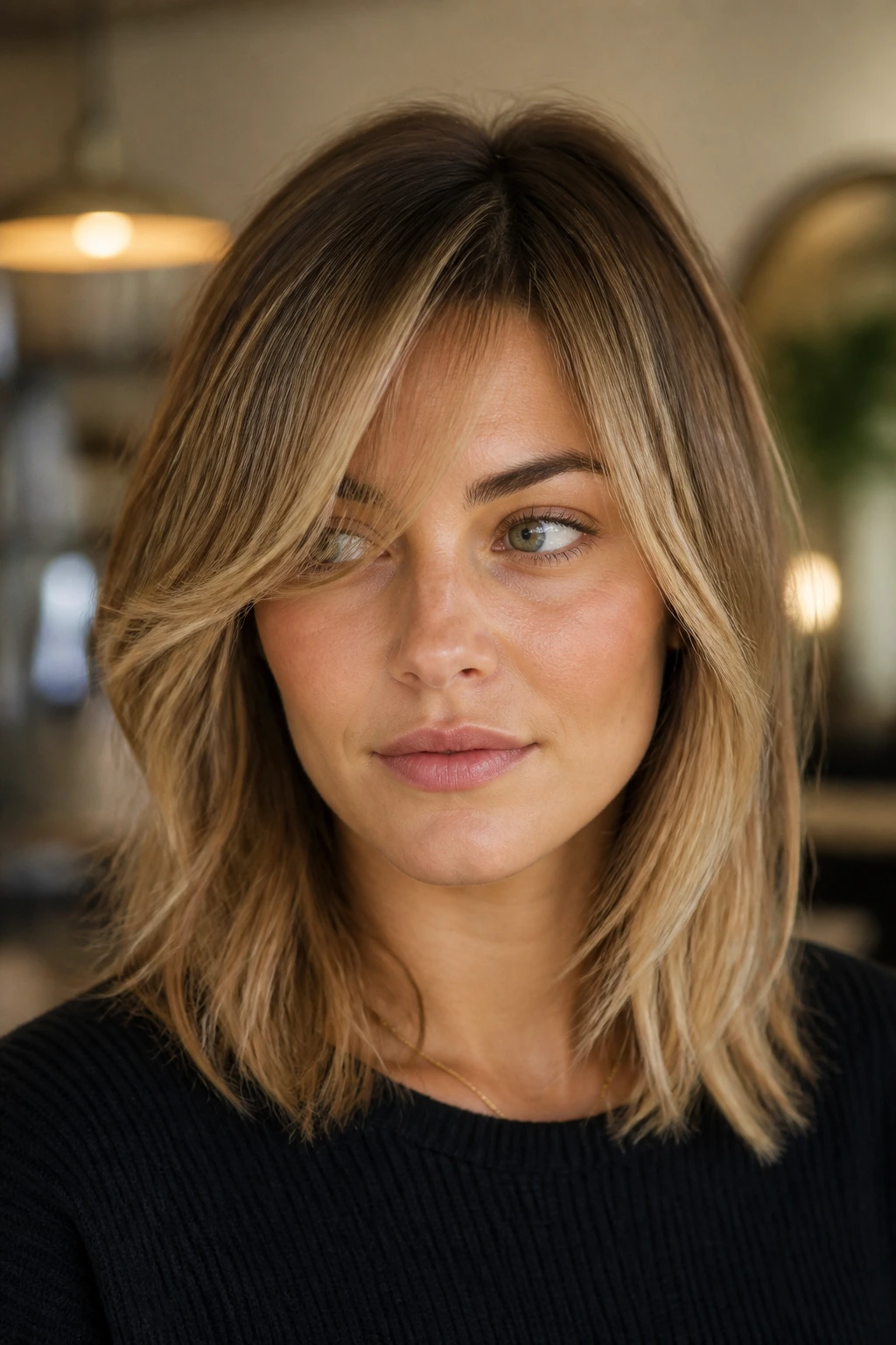 Close-up portrait of a real person with a lightened fringe on thick hair.