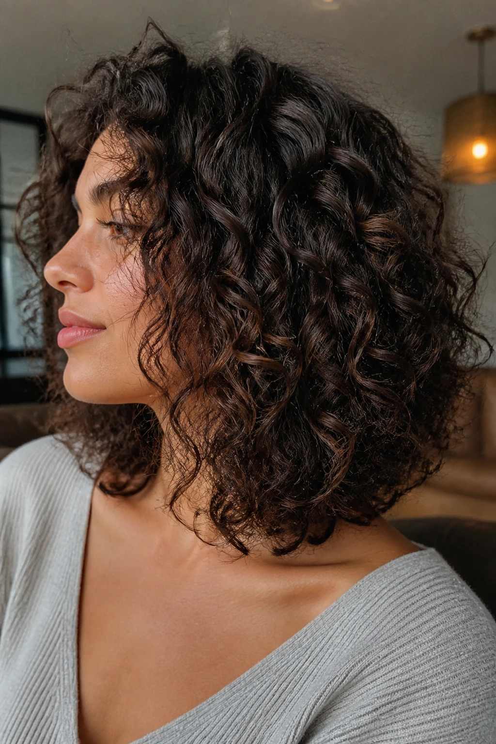 Side-profile of thick-haired woman with inner-weight-removed lob