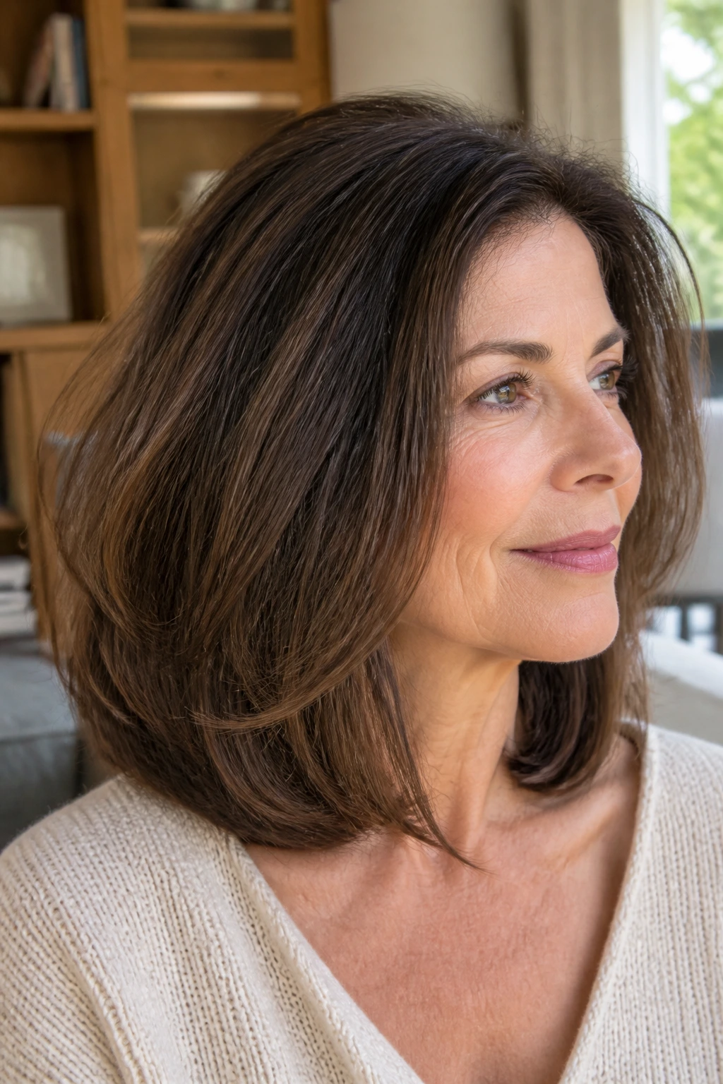 Close-up portrait of a real woman with a thick-hair lob showing internal debulking in natural window light